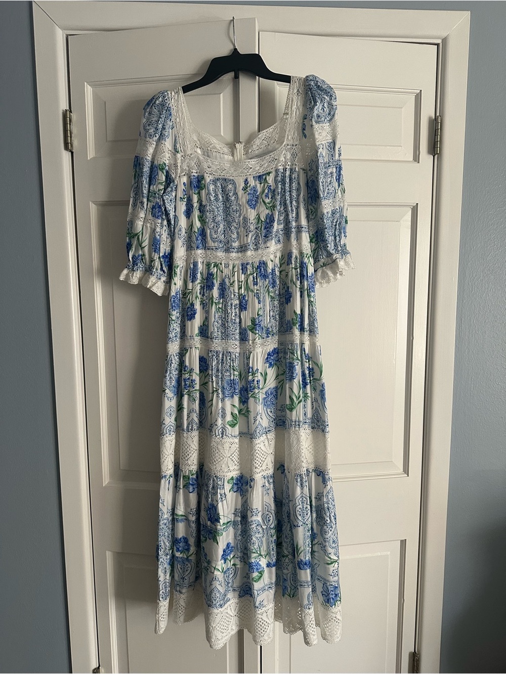 HUNTER BELL White and Blue Floral Tiered Maxi Dress